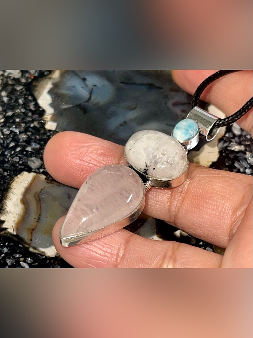 Petite Larimar, Rainbow Moonstone & Rose Quartz Crystal Pendant 2 1/2” - Picture 3 of 17